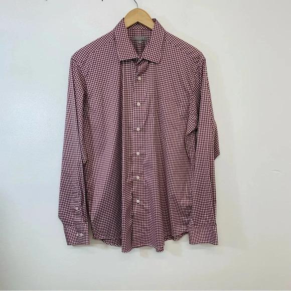 Cole‎ Haan  Mens Shirt Large Grandseries  Maroon Plaid Long Sleeve Light Stretch - Picture 1 of 9